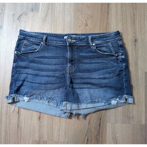 Kancan Blue Denim Shorts Size 18 Whiskered Stretch Cuffed Frayed Cute